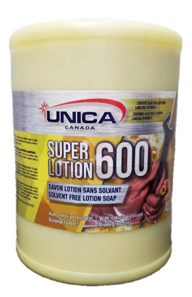 UNICA-S604J ''SUPER LOTION 600'' SAVON LOTION DOUX POUR LES MAINS JAUNE *JUG* 4L VENDU 4/CAISSE