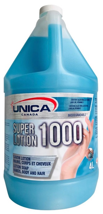 UNICA-S1004 ''SUPER LOTION 1000'' SAVON LOTION DOUX 3 DANS 1 POUR MAINS, CORPS ET CHEVEUX BLEU 4L